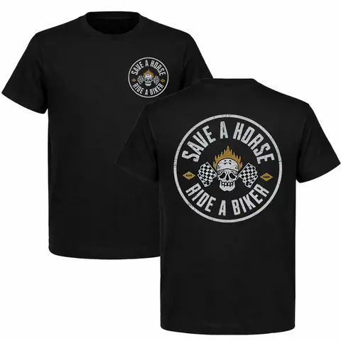 Vintage Washed Oversized Ribbed Short-Sleeve Cotton Graphic Tee - Save A Horse Ride A Biker, Trendy Skull Print, Comfortable Everyday Aesthetics, Biker/Motorcycle/Bike Week Streetwear Top