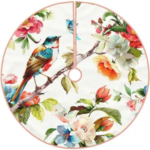 Beautiful Spring Floral and Bird Christmas Tree Skirt Large Tree Mat Ornaments for Halloween Thanksgiving New Year Party Holiday Home Decorations