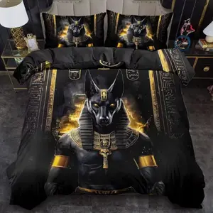 Egyptian Anubis God Print Bedding Set, King/queen Size, Bedroom Decor, Guest Room Use, 2/3 Piece Set, Polyester