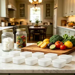 Reusable household refrigerator storage boxes with transparent lids; suitable for kitchen frozen food preparation and grain storage. Home Goods - Home Storage - Storage Boxes