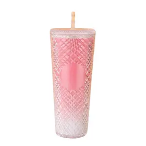 Pink Diamond Studded Tumbler with Straw & Lid 710ml Double Wall Acrylic Cold Cup Portable Drinkware Bottle for Iced Coffee & Teas