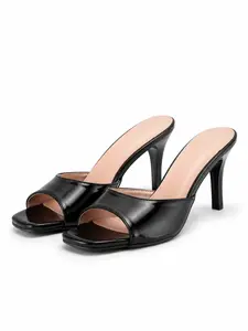 Classic Black Peep Toe Mule Heels | Minimalist Slip-On Stiletto Sandals | Y2K Night Out Shoes