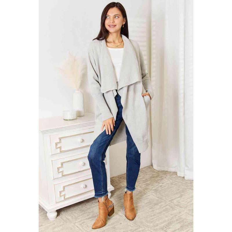 Double Take Open Front Duster Cardigan with Pockets Basic Jacket Nylon Outfit Womenswear Comfortable Sleeve Soft Flowy