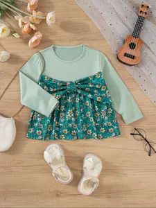 Girls' Long Sleeve Knitted Sweatshirt, Round Neck Colorblock Print Design, Suitable for Ages 3-8, Spring & Fall Outdoor Sports or Layering