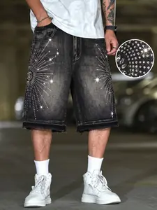 Men's Rhinestone Denim Shorts, Y2K Street Style, Loose-Fit Above Knee, Casual Summer Wear, Trendy Fashion for Daily Use