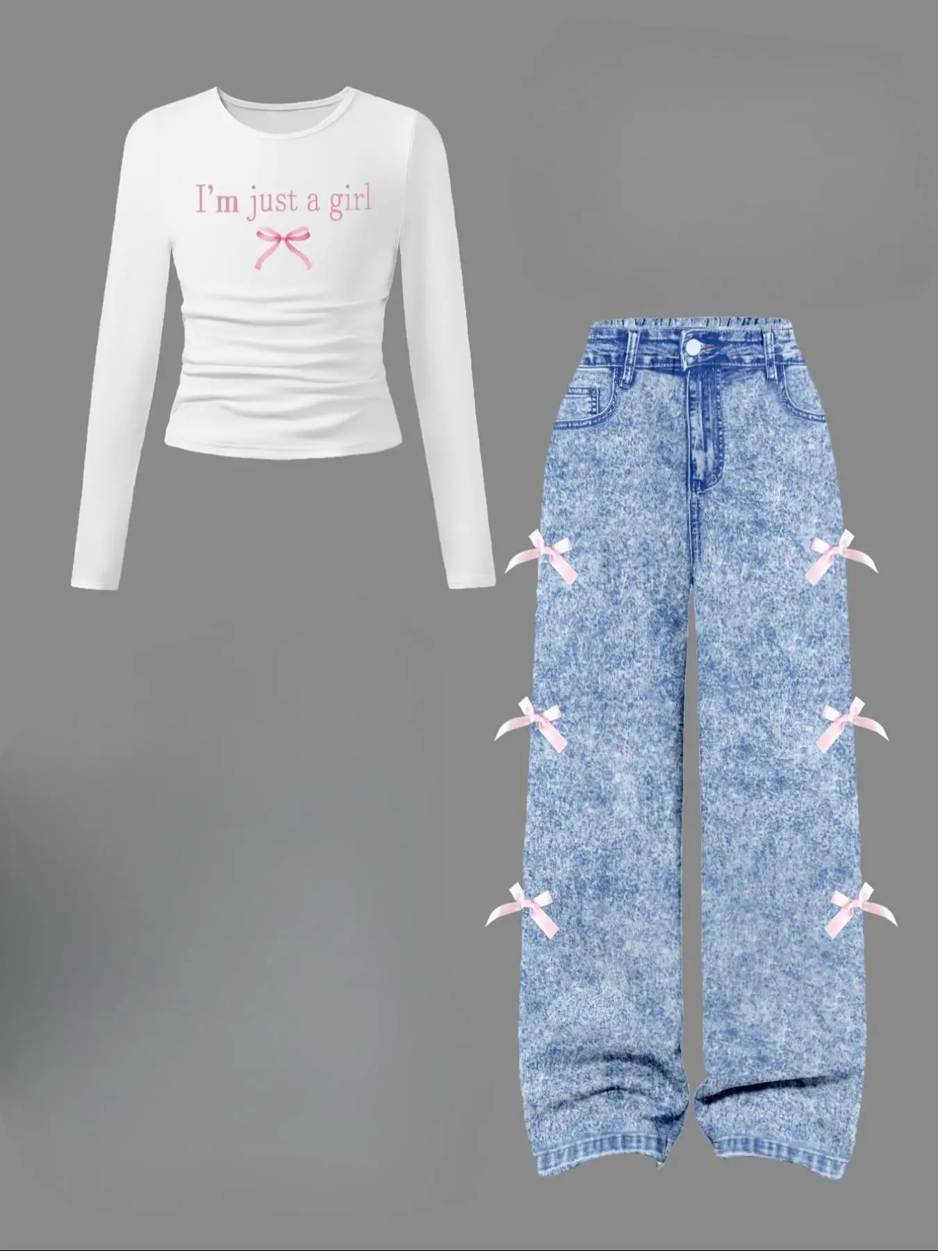 Girl's Letter Print Tee & Bow Decor Denim-Effect Pants Two-Piece Set, Casual Long Sleeve Round Neck Top & Pants for Daily Wear, Kids Clothing for All