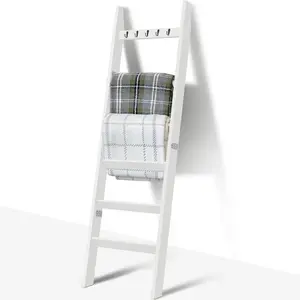 6-Tier Blanket Ladder for Living Room and Bedroom,5.4 Ft Wall Leaning Quilt Rack with Hooks,Rustic Decorative Farmhouse Blanket Storage,Stylish Ladder Holder,Easy to Assemble,White