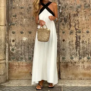 Women's Floral Cross Halter Neck Sleeveless Stitching Long Dress Set for Casual Summer Beach Wear