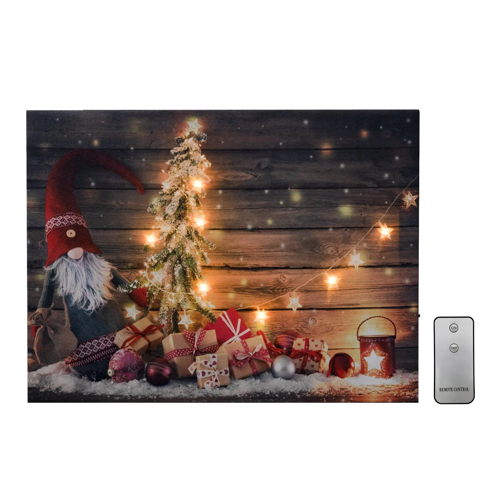 LumaBase Battery-Operated Lighted Wall Art Gnome for the Holidays Full Color Printed Canvas with 7 Amber LED Lights Remote Control Indoor Christmas Tree Decoration