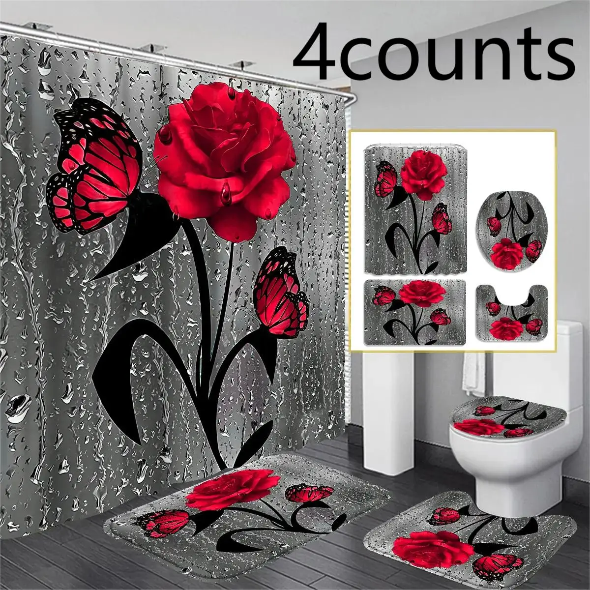 Rose & Butterfly Pattern Bathroom Decor Set, Including Shower Curtain with Hooks, U Shaped Toilet Rug, Bath Mat, Toilet Lid Cover, Summer Bathroom Acc