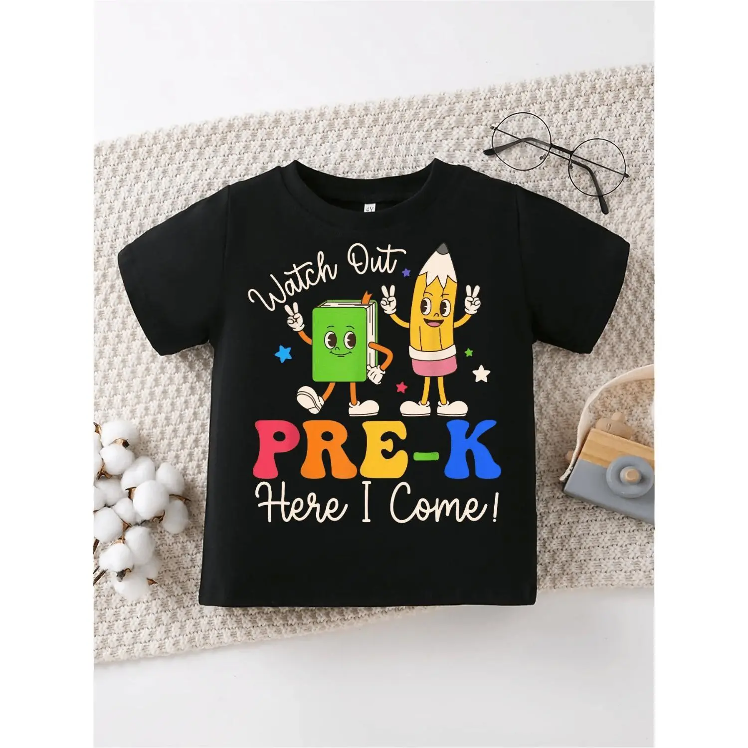 Watch Out Pre-K Here I Come T-Shirt - Cute Cartoon Green Book And Yellow Pencil Characters with Peace Signs, Colorful Stars Design, Soft Crew Neck Tee for Boys Girls Preschool Kindergarten Back to School Gift
