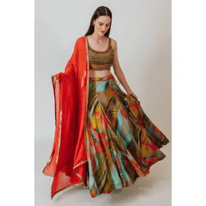 Multicolor Silk Lehenga Choli Set with Beaded Blouse