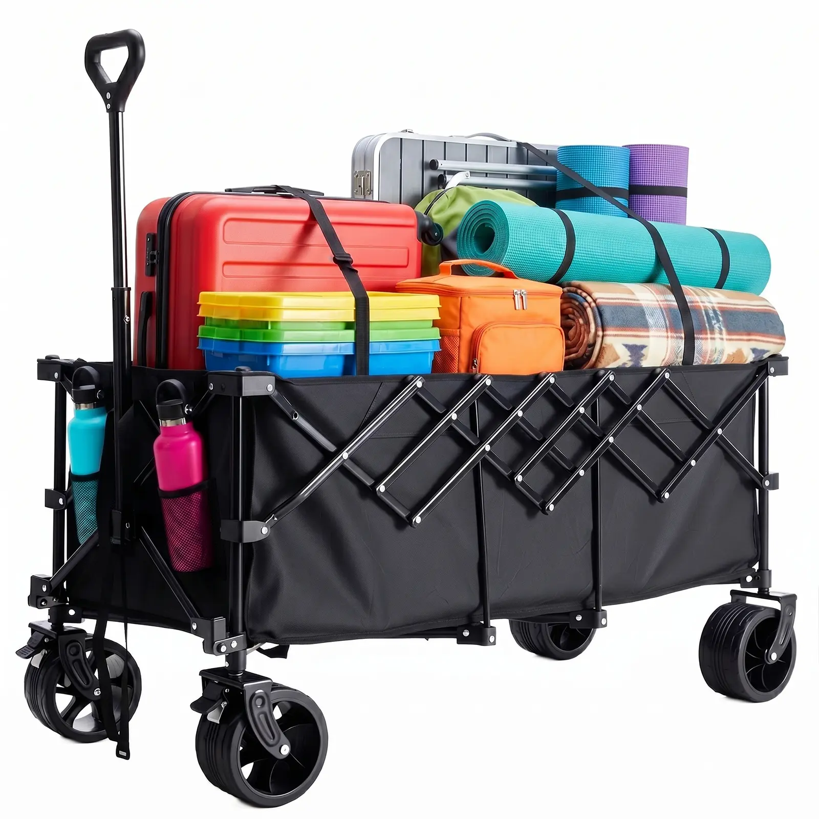 Extra Long Folding Wagon Cart, Heavy Duty Collapsible Wagon with Big All-Terrain Wheels, Portable Outdoor Utility Cart for Shopping, Garden, Camping, Grocery, Sports