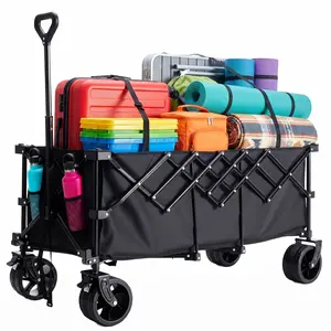 Extra Long Folding Wagon Cart, Heavy Duty Collapsible Wagon with Big All-Terrain Wheels, Portable Outdoor Utility Cart for Shopping, Garden, Camping, Grocery, Sports