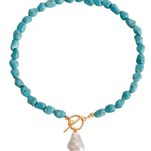 Irregular Natural Turquoise & Faux Pearl Decor Pendant Necklace, Fashion Jewelry for Party, Daily Clothing Decor, Trendy All-match & Exquisite Jewelry for Birthday Gift, Pearl Drop Necklace