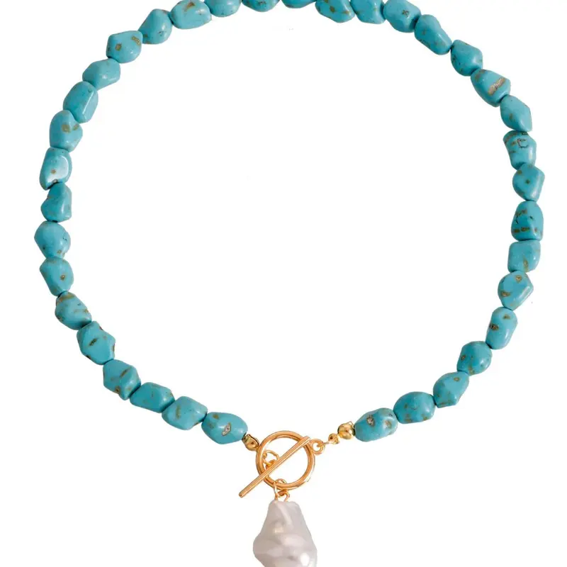 Irregular Natural Turquoise & Faux Pearl Decor Pendant Necklace, Fashion Jewelry for Party, Daily Clothing Decor, Trendy All-match & Exquisite Jewelry for Birthday Gift, Pearl Drop Necklace