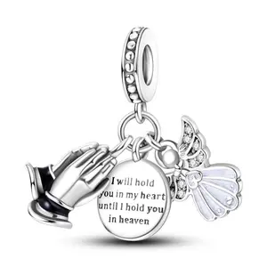 MULA 925 silver plated faith and remembrance pendant with praying hands, angel wings and engraved message, perfect remembrance gift for girls and women
