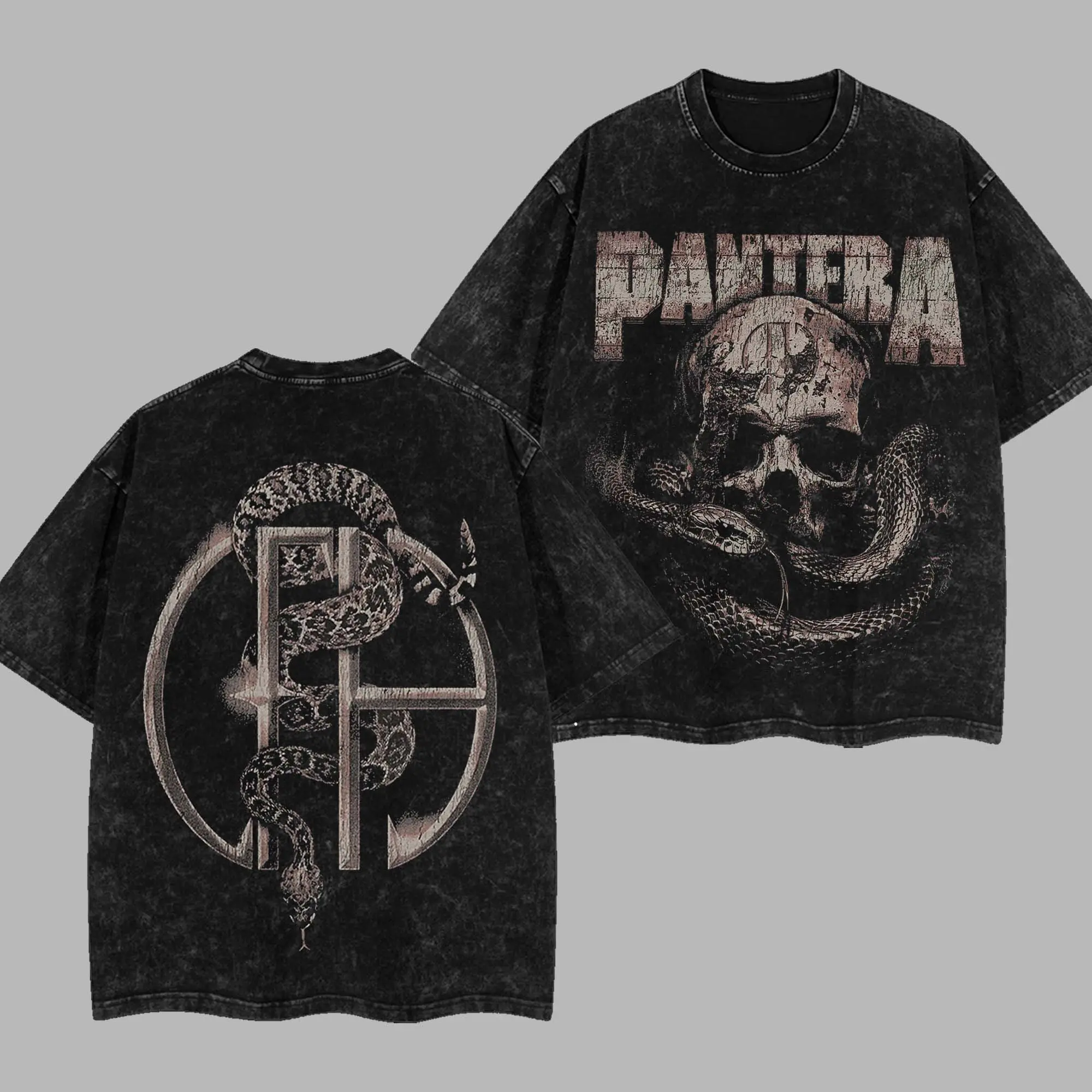 [$$$MANLIFE] Pantera Retro Unisex Acid Washed Hoodie T-Shirt – 90s Records Rock Cotton Washed Tee, Groove Metal Rock Band Washed Shirt, Oversized Vintage Tee, Heavy Metal Merch, Gift for Rock Fans