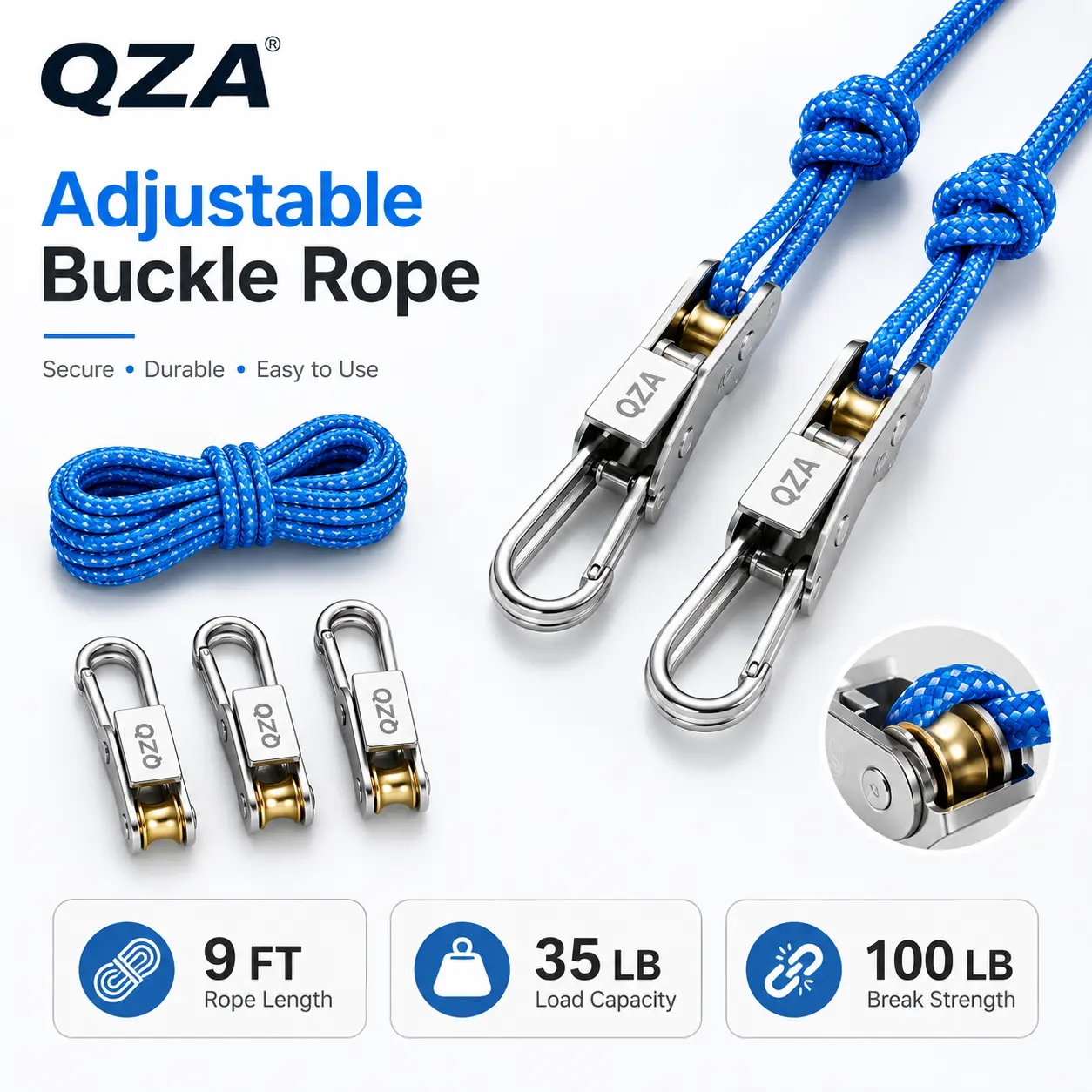 Adjustable Buckle Rope with Metal Ratchet Hangers, 9 FT Braided Polypropylene Rope, 35 LB Load Capacity, Retractable Tie Down Rope for Camping Tarp, Tent Setup, Clothesline, Truck Bed Cargo & Outdoor Use