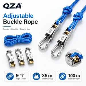 Adjustable Buckle Rope with Metal Ratchet Hangers, 9 FT Braided Polypropylene Rope, 35 LB Load Capacity, Retractable Tie Down Rope for Camping Tarp, Tent Setup, Clothesline, Truck Bed Cargo & Outdoor Use
