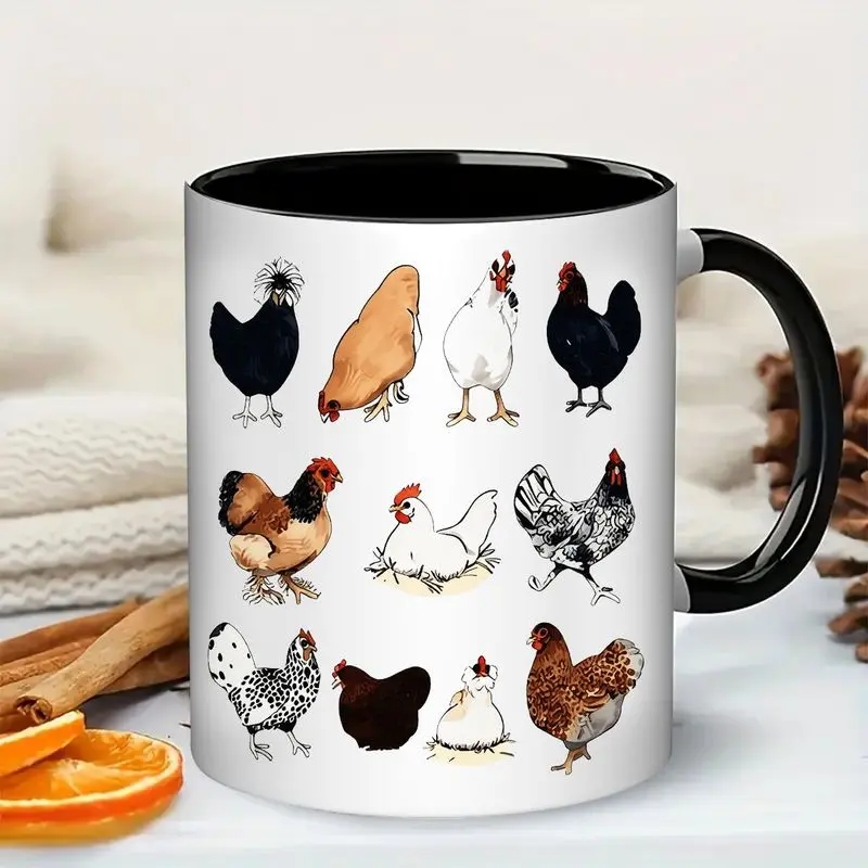 11oz Chicken Breeds Ceramic Coffee Mug with 12 Colorful Chicken Illustrations (Rhode Island Red, Leghorn, Orpington, Buff Orpington, White Leghorns, Black) - Farm Animal Design, Cute Chicken Art, Durable Ceramic Cup for Coffee, Tea, Easter, Birthdays,