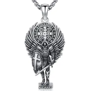 S925 Sterling Silver Large Saint Michael Necklace St Michael and Benedict Medal Pendant,Archangel St.Michael Jewelry for Men with 22+2 in Chain TikTokShopBlackFriday