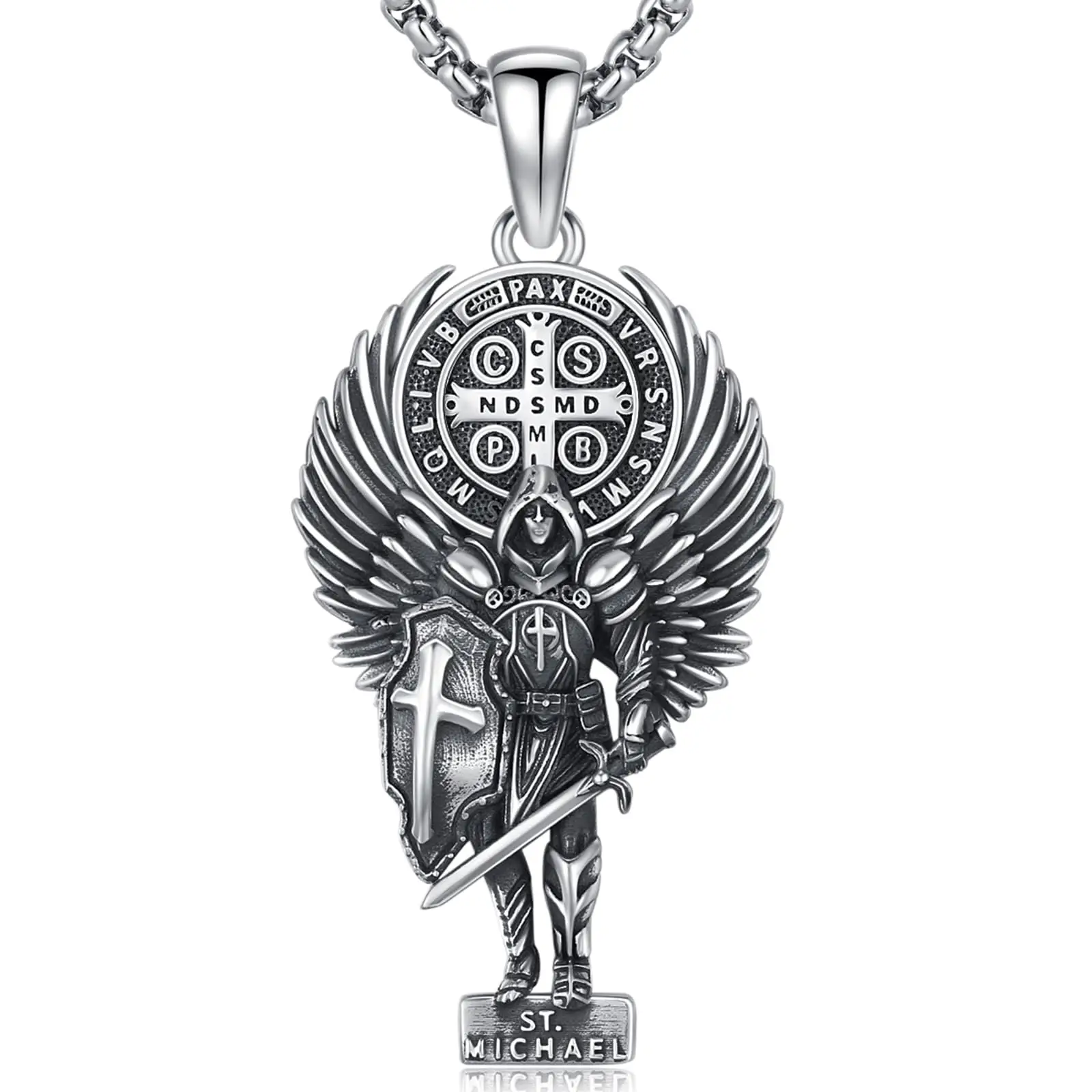 S925 Sterling Silver Large Saint Michael Necklace St Michael and Benedict Medal Pendant,Archangel St.Michael Jewelry for Men with 22+2 in Chain