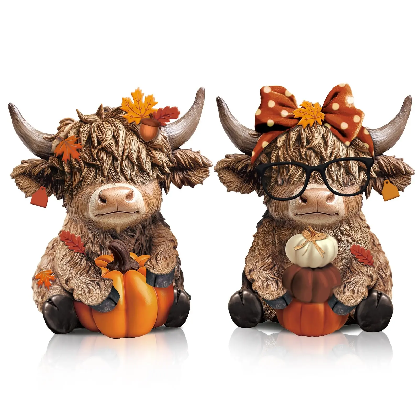 Gejoy Highland Cow Figurines 2Pcs Autumn Pumpkin Maple Highland Cow Gnomes Fall Leaf Scottish Resin Statue Calf Lovers Gifts for Fall Home Garden Kitchen Office Tiered Tray Table Decor