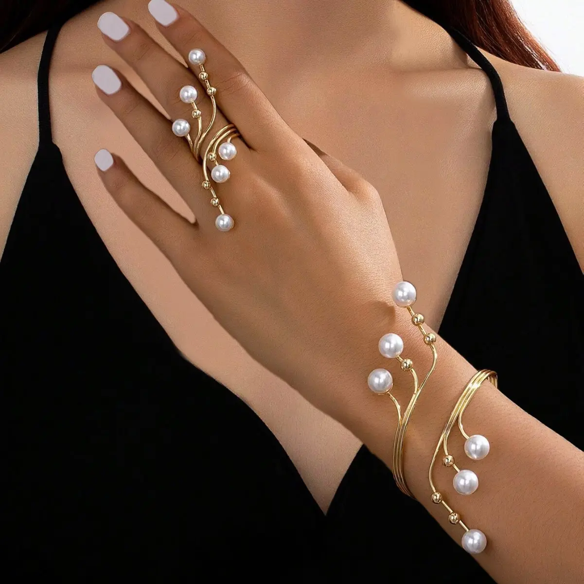 Pearl Jewelry Set Gold Open Cuff Bangle Statement Branch Ring Floating Pearls Avant Garde Aesthetic Dinner Party Fashion Show Runway Gift,summerwins