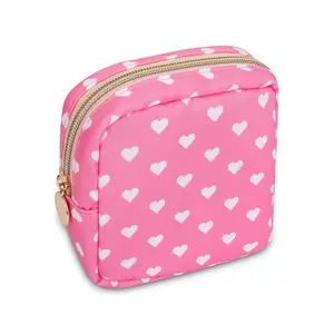 Mini Makeup Pouch for Purse,Small Cosmetic Bag Pouch Nylon Travel Toiletry Organizers for Women Girls, Cute Storage Zipper Pouch Coin Purse for School Work Camping(Mini-Pink Heart)