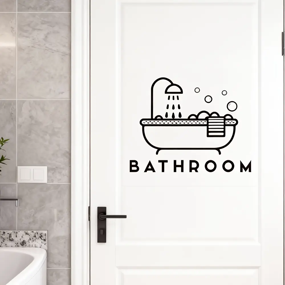 1PC Minimalist Fresh-Style Bathtub & Shower Pattern Bathroom Sign Decor Sticker For bathroom doors, home small items, with bathtub & shower + bubbles + "BATHROOM" text as elements. Its fresh practical texture hits home minimalist lovers