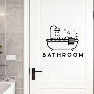 1PC Minimalist Fresh-Style Bathtub & Shower Pattern Bathroom Sign Decor Sticker For bathroom doors, home small items, with bathtub & shower + bubbles + "BATHROOM" text as elements. Its fresh practical texture hits home minimalist lovers