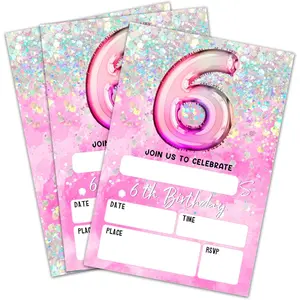 6Th Birthday Invitation Cards, Holographic Balloons Double-Sided Fill In Style Birthday Invites With Envelopes, Glitter Pink 6 Years Old Invitations For Girls, Teen, Party Favor & Supplies - A07