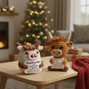 Handmade Knitted Cow Emotional Support Amigurumi Doll with Positive Card Messages, Christmas Gift, Desktop Decoration Ornament