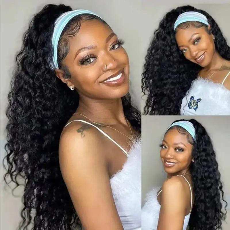 Bling Hair Headband Wig 100% Human Hair Straight/Body Wave/Deep Wave/KinKy Curly Headband Wigs for Black Women Glueless None Lace Front Human Hair Headband Wig Brazilian Remy Hair 150% Density