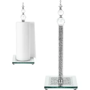 Paper Towel Holder Stand, Countertop Paper Towel Roll Dispenser Holders with Cube Base, Tissue Countertop Filled with Sparkly Crystal Crushed Diamond House Decor for Kitchen Bathroom (Silver-Square)