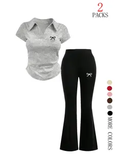 Women's Y2K Style Polo Neck Short Sleeve Top & Flare Pants Set, Slim-Fit Comfortable Yoga Workout Sports Clothing Set Women, Perfect for Casual Wear & Fitness