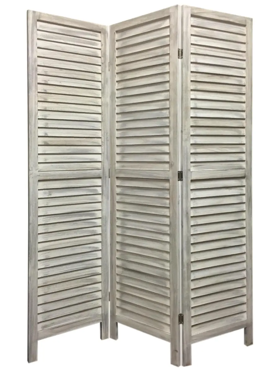 3-Panel Solid Wood Room Divider with 360-Degree Stand, Washed White, Double-Sided Paneled Look, Easy-Folding Stylish Shutter Design, Decorative Wooden Room Dividers for Indoor Furniture Use