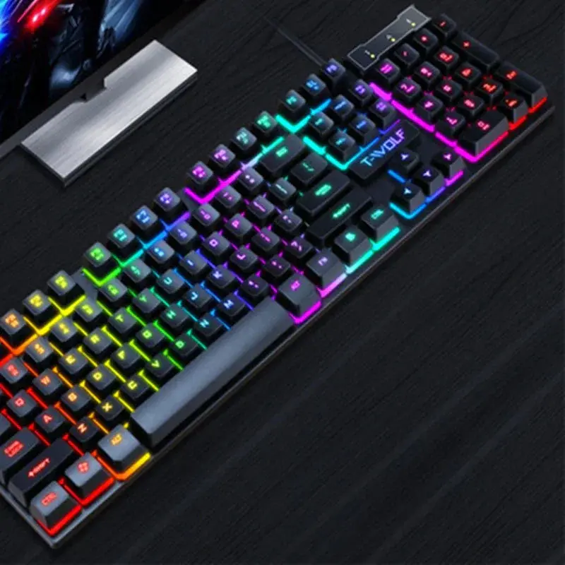 T-WOLF Gaming USB Wired Keyboard with Luminous Backlight Floating Keys Durable ABS Construction 440x130x30mm for Precision and Comfort