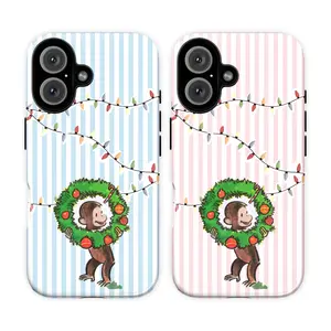 Curious George Christmas Light Phone Case, Seasonal Holiday Aesthetic Stripe Protection, Festive Xmas Lights & Stripes Cute Curious Monkey Aesthetic Phone Cover for iPhone 17 Promax 16 15 14 13 12 11 Pro Max & Galaxy S25 S24 S23 S22, Cute Cartoon Gift