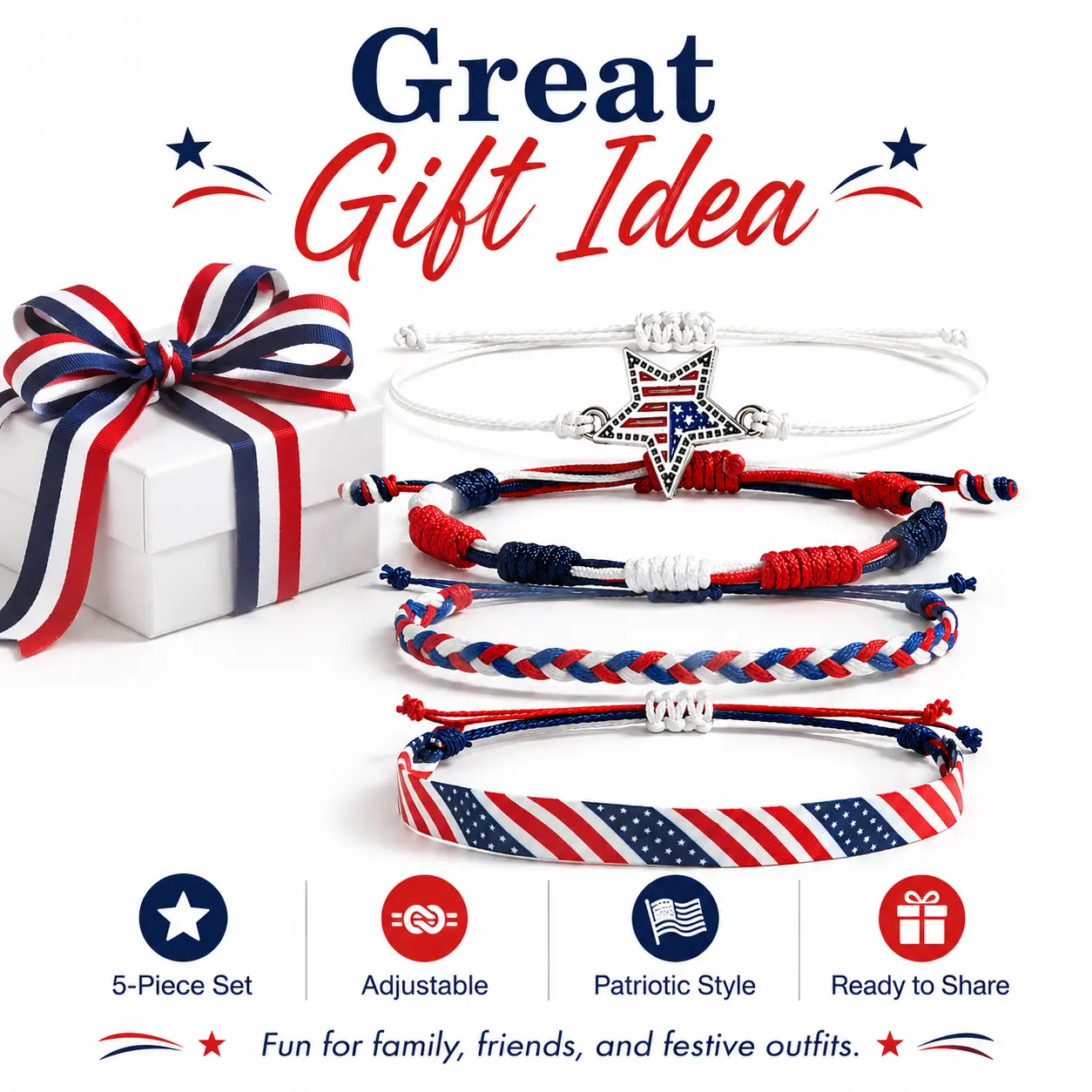 American Flag Braided Bracelet – Patriotic Woven Cord Hand Rope for Men Women – Independence Day July 4th Gift – Red White Blue Simple Creative Wristband