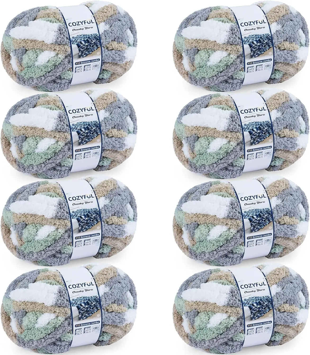 Cozyful Chunky Yarn for Hand Knitting - #10 Chunky Chenille Blanket Yarn, Jumbo Big Thick Chunky Yarns for Crocheting, Tie Dye Bulky Knit Yarns, 8 Skein (20 yds 8 oz Each Skein), Cream&Sage&Grey&Khaki Gift