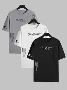 Men's Classic Versatile Letter Pattern Printed Fitted T-Shirt 3 Piece Set, Summer Round Neck Short Sleeve Casual Comfort Top