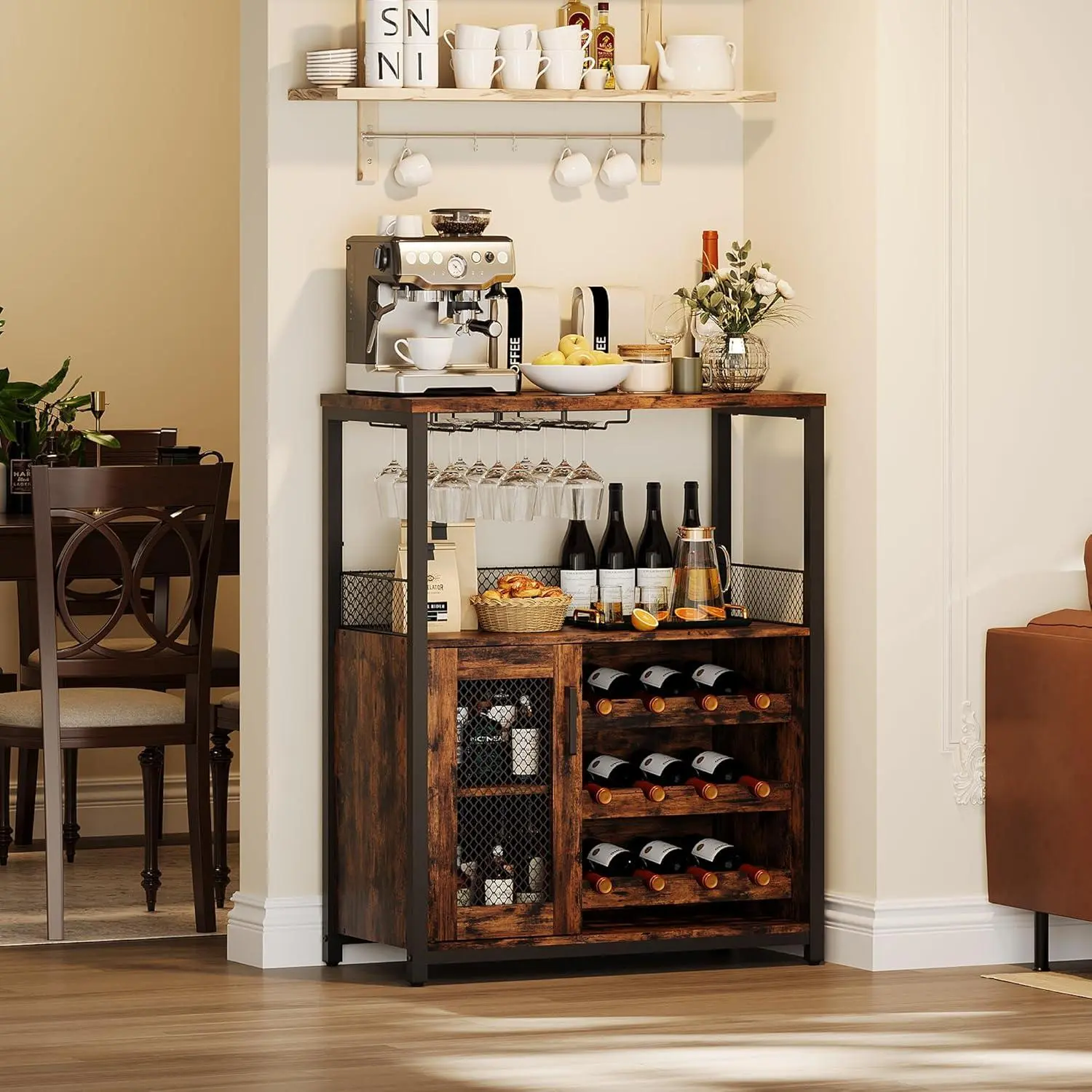 Off-white Farmhouse Wine Bar Cabinet with Detachable Wine Rack Glass Holder Mesh Door and Adjustable Feet Vintage Color with Light Furniture Storage Decorative Compact, Corner Bar Cabinet, Steel Frame Cabinet
