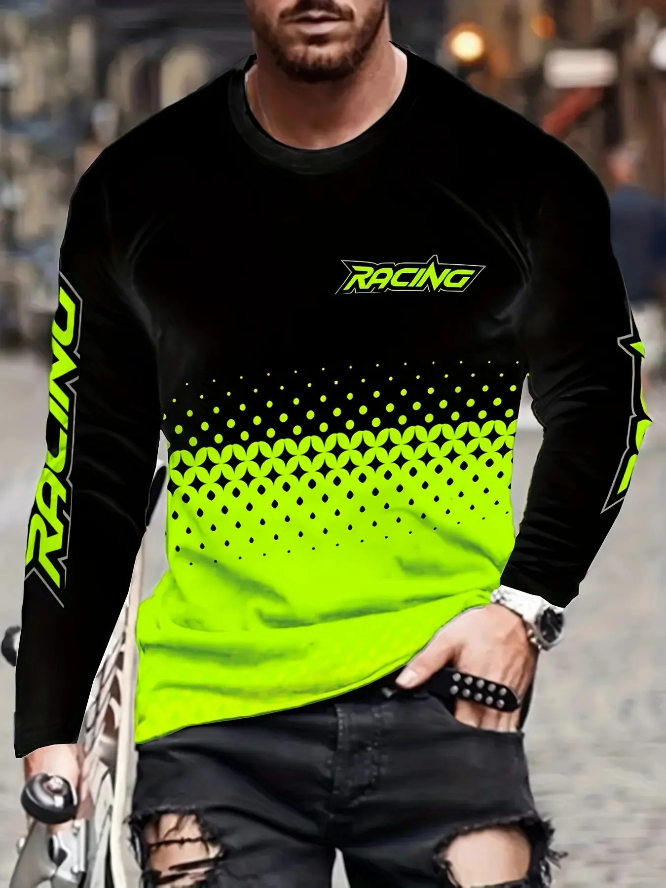 Men's Racing Motorcycle Long Sleeve Shirt, Fluorescent Pattern, Suitable for Mountain Biking, Off-Road Moto, Gym, Commuting