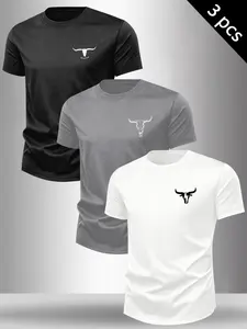 Men's 3-Pack Bull Skull Graphic Crew Neck T-Shirts, Western Cowboy Style Casual Tees, Streetwear Daily Tops #WesternWear #MensGraphicTees #CowboyStyle #StreetwearTshirts #TikTokMadeMeBuyIt