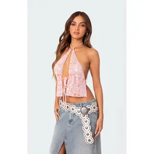 Edikted Women's Sequin Crochet Open Back Top