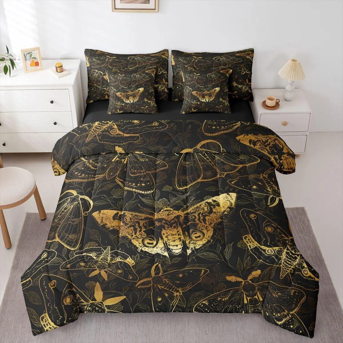Death Moth 7 Piece Bedding Set Damask Pattern Comforter Set with Sheets for Kids Boys Girls Black Gold Bed in a Bag Retro Leaves Bed Set Soft Lightweight