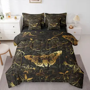 Death Moth 7 Piece Bedding Set Damask Pattern Comforter Set with Sheets for Kids Boys Girls Black Gold Bed in a Bag Retro Leaves Bed Set Soft Lightweight