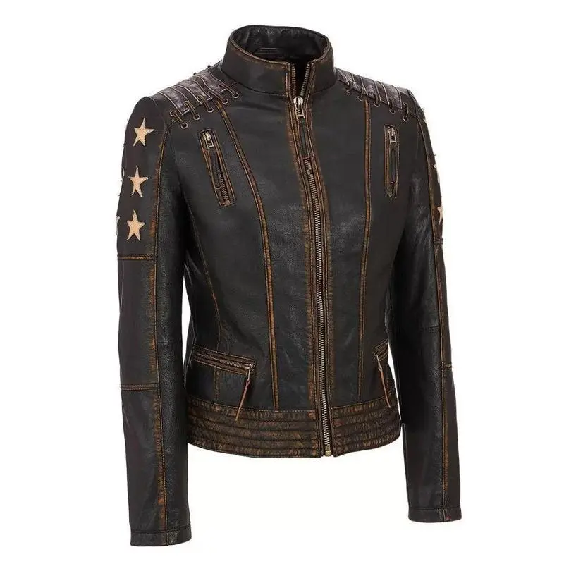 Women’s Stars and Stripes Aged Brown Leather Jacket